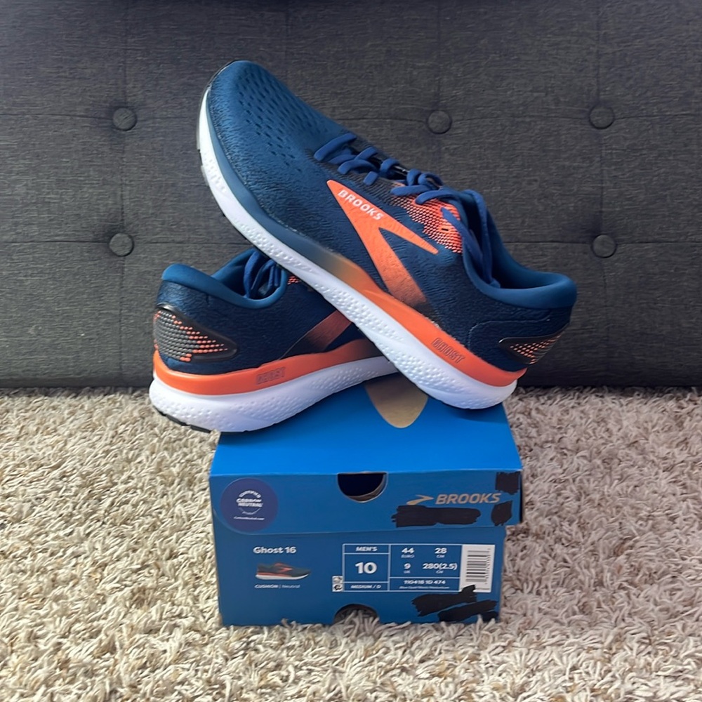 Brooks Ghost 16 Blue and Orange Athletic Shoes